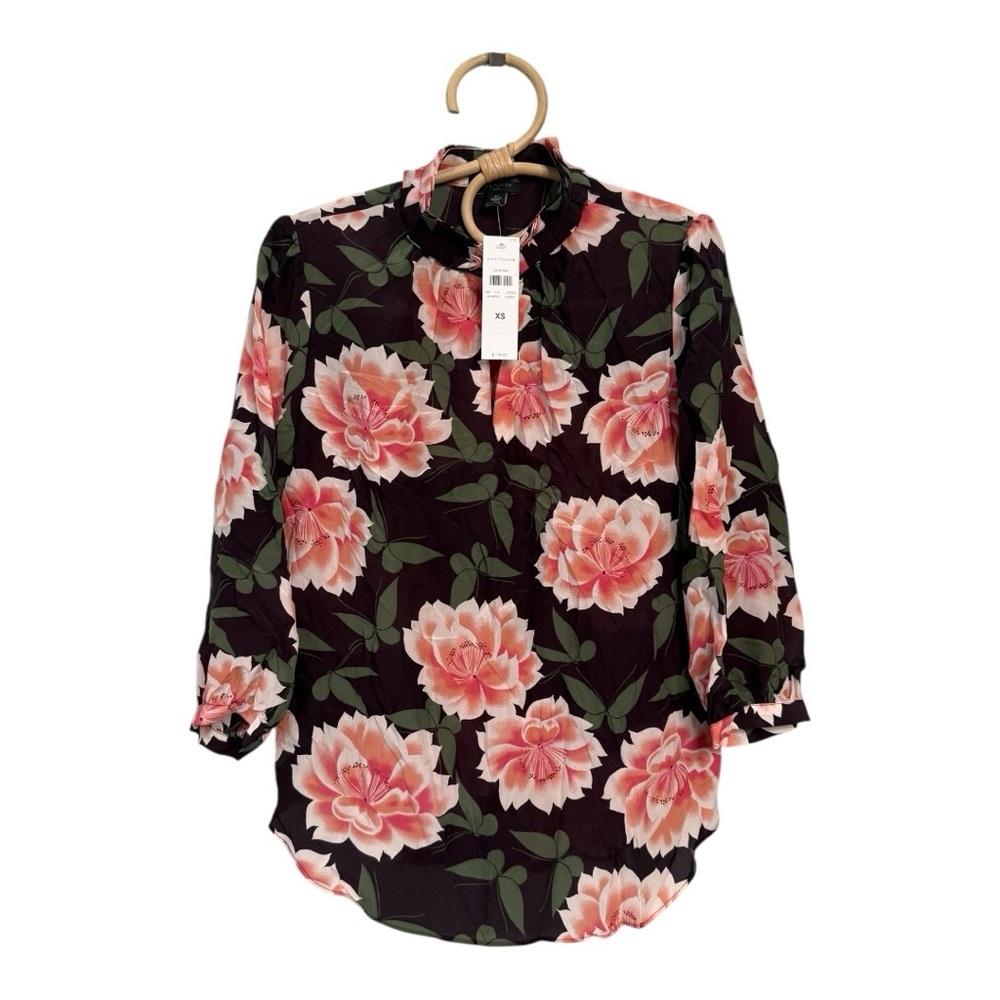 Ann Taylor Butterfly Floral 100% Silk Ruffle Split Neck Blouse Long Sleeve XS